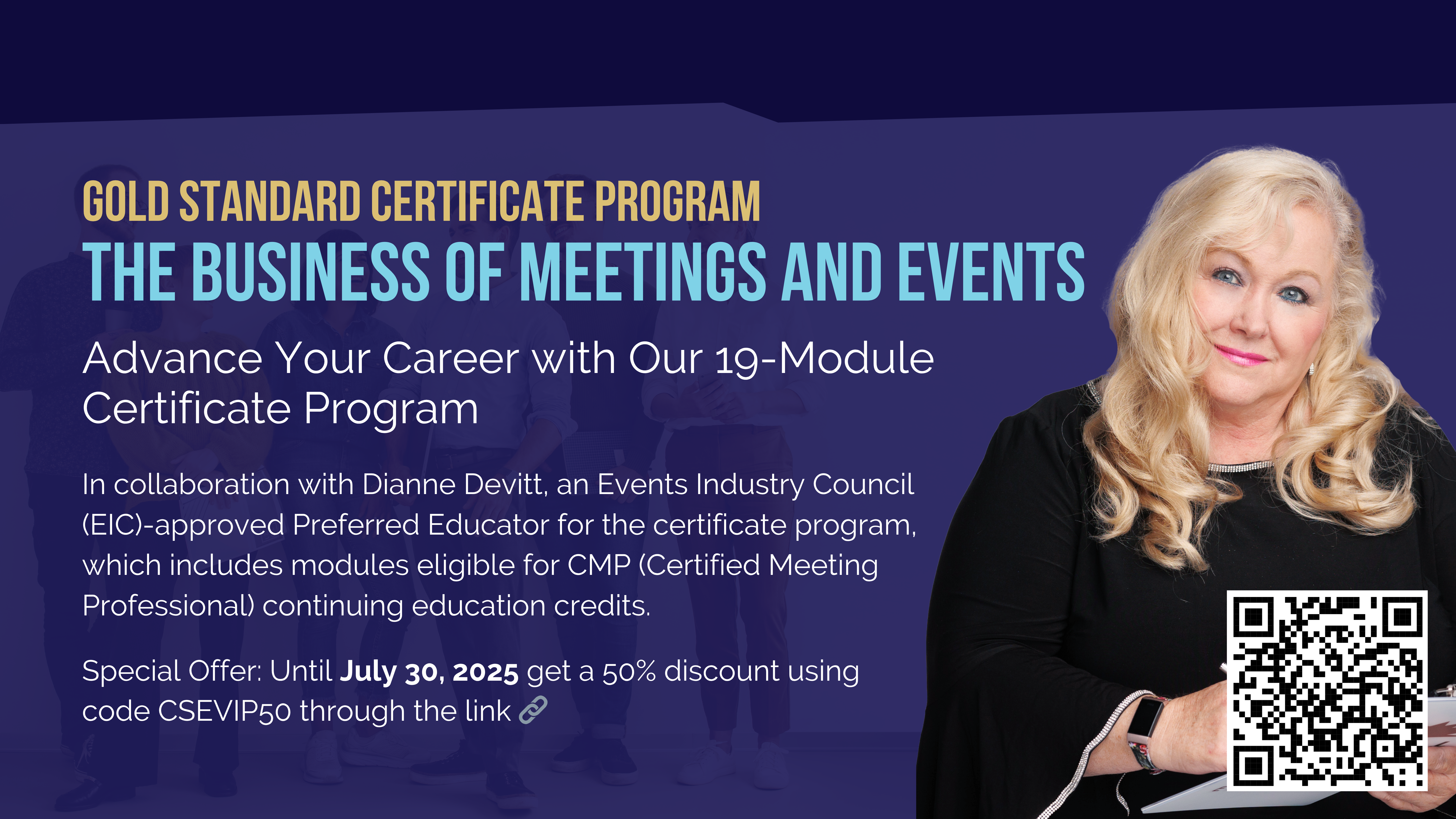 Promotional image for a certificate program titled "The Business of Meetings and Events," featuring a professional woman with long blonde hair holding a notebook, alongside program details and a QR code.